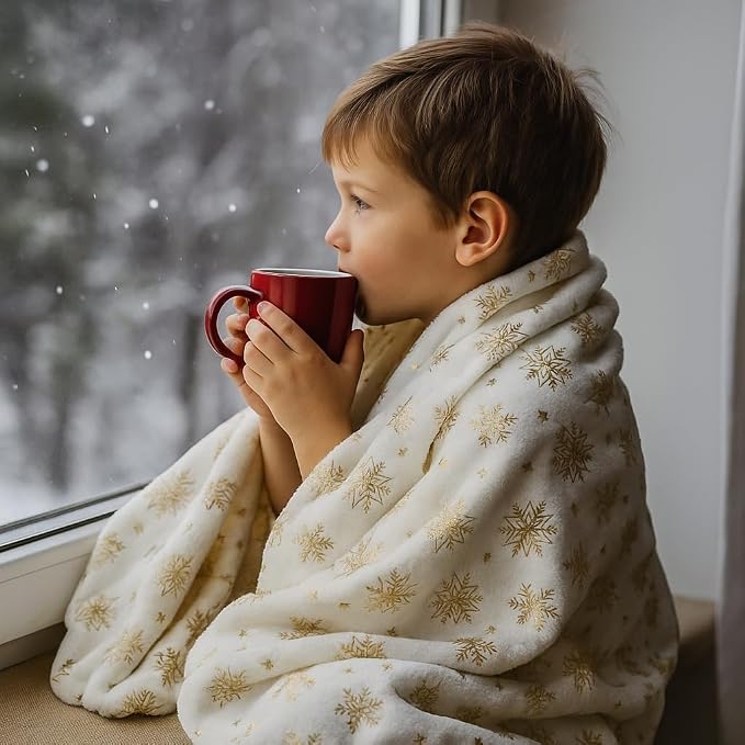 Winter Holiday Christmas Fleece Throw Blanket: Velvety Soft, Gold Snowflakes Stars Design, Durable Accent for Bed or Couch, Oversized 50 x 70 inches