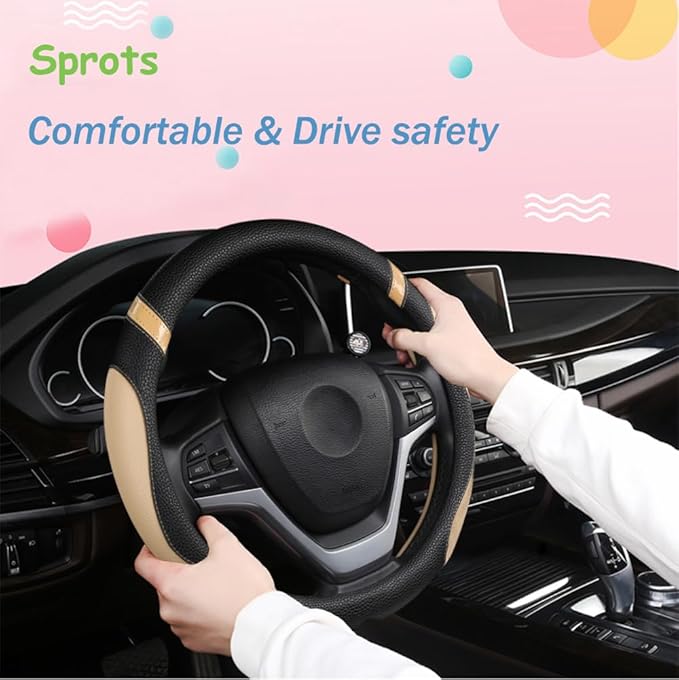 Steering Wheel Cover for Car Leather Universal Steering Wheel Covers for Men Women Fit Cars SUV Truck Pickup 15inch (Beige)