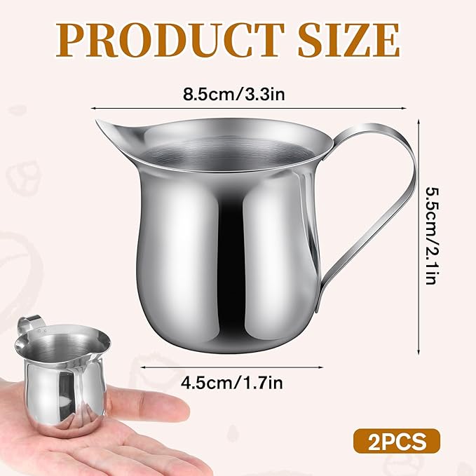 2PCS Stainless Steel Bell Creamer Milk Frother Cup Small Frothing Pitcher for Coffee Barista Cappuccino Shop Restaurant Bakery Kitchen