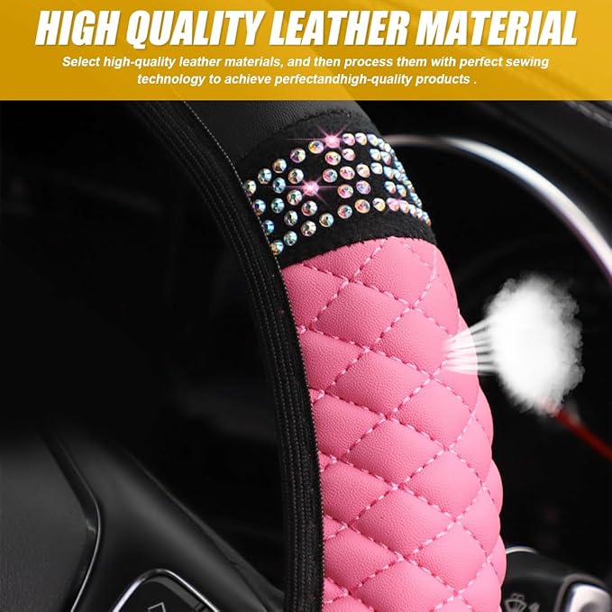 Bling Car Steering Wheel Cover, 15 Inch Crystal Rhinestone Elastic Stretch Leather Steering Wheel Protector, Vehicle Decor Accessories for Women Girls, Universal for RV, SUV, Truck (Pink)