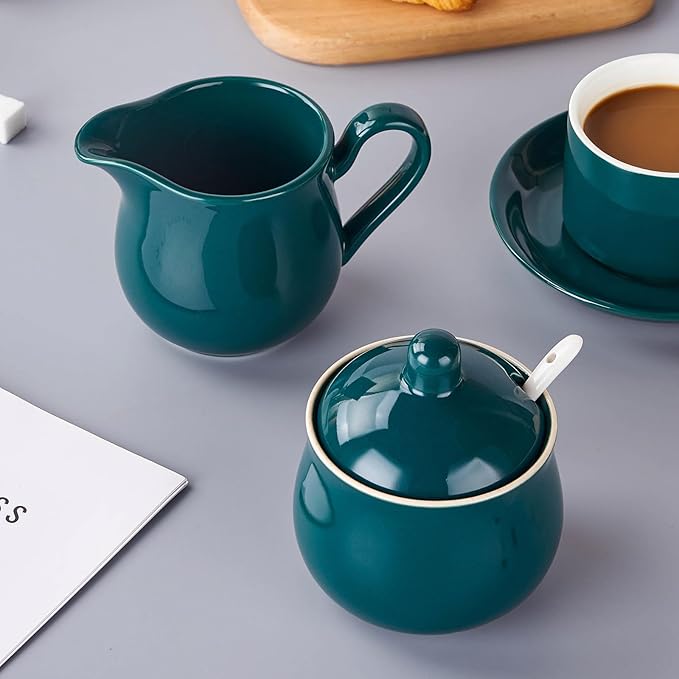 12 OZ Ceramic Sugar and Creamer Set, Coffee Serving Set, 3 Piece Cream Pitcher Sugar Bowl with Lid and Spoon (Dark Teal)