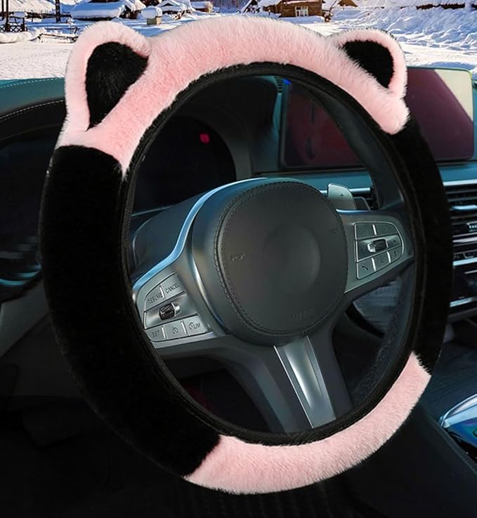 Car Steering Wheel Cover with Cat Ears Winter Warm Fuzzy Steering Wheel Protector Car Accessories Interior Decorations (Black+Pink)