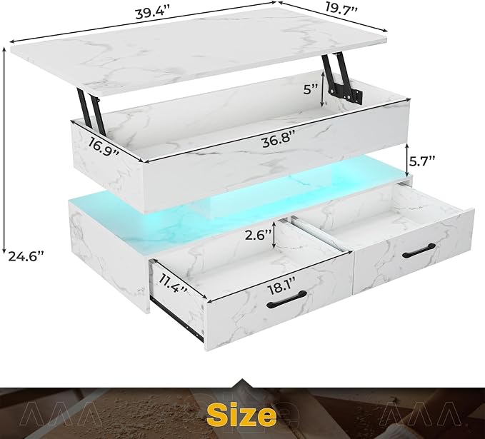 SEDETA 40" Lift Top Coffee Table, Coffee Tables with Storage for Living Room, Small Coffee Table with 2 Drawers & LED Light for Dining Reception Room, White Marble