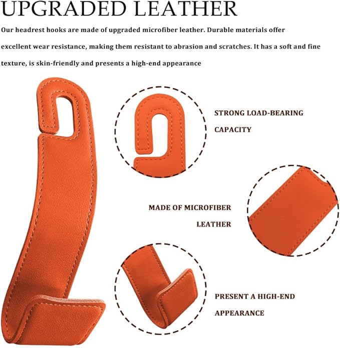 2PCS Purse Holder for Car, Purse Hook for Car, Leather Headrest Hooks for Automotive Back Seat, Auto Accessories Back Seat Organizer Hook for Grocery Bag Handbag Coat (Orange, 2PCS)