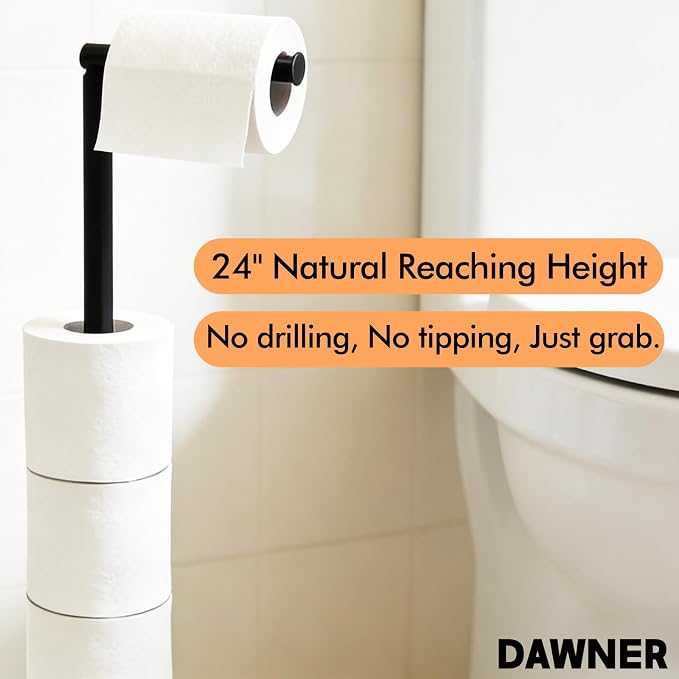 DAWNER 24" Black Toilet Paper Holder Free Standing, Stainless Steel Rustproof Toilet Paper Stand with Storage, Stable Heavy Weighted Flat Base for Apartment, Bathroom, Kitchen, Matte Black Finish
