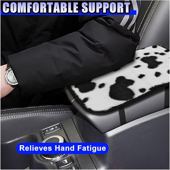 Furry Cow Print Armrest Cover for Car, Soft Plush Center Console Cushion Pad, Car Arm Rest Box Protector for Women Men, Universal Auto Decorative Accessories for Cars Trucks SUVs(Cow)