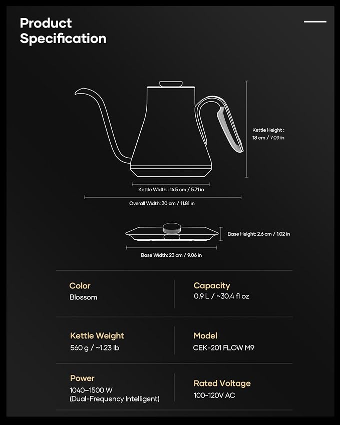 Cocinare Artisan Collection Blossom Gooseneck Electric Kettle, ±1℉ Precise Temperature Control for Pour-Over Coffee & Tea, Quick Heating 1500W, Stainless Steel Interior, 0.9L