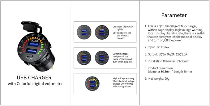 Quick Charge 3.0 Dual USB Car Charger Socket, 12V USB Outlet Fast Charge with LED Voltmeter & Switch