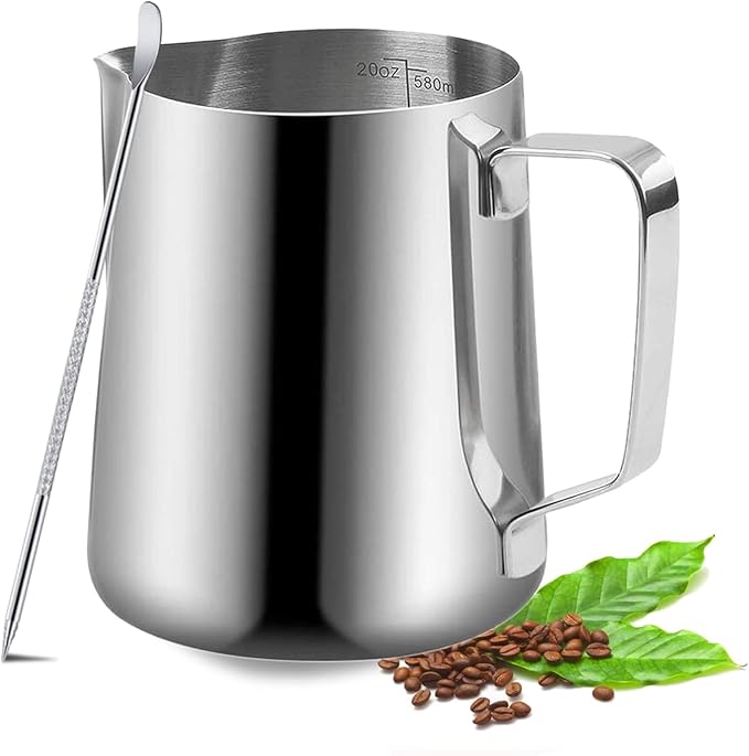 Milk Frothing Pitcher, 600ml (20oz) Milk Frother Cup Stainless Steel Jug Steaming Pitcher, Milk Coffee Cappuccino Latte Art Barista Steam Pitchers Milk Jug Cup with Decorating Pen