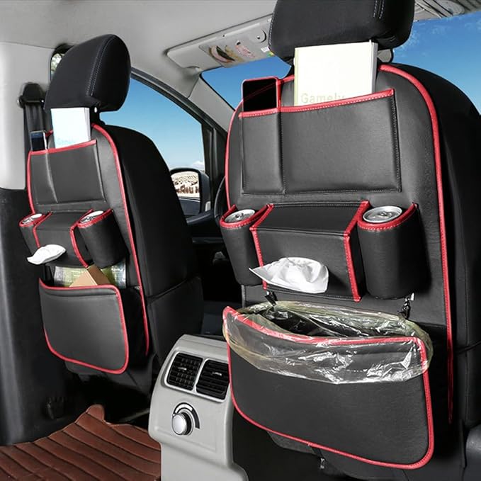 1PCS Car Backseat Organizer Seat Back Protectors Kick Mats, PU Leather Car Storage Organizer Hanging Bag with Car Tissue Holder Kids Toys Storage Car Accessories (Black Red)