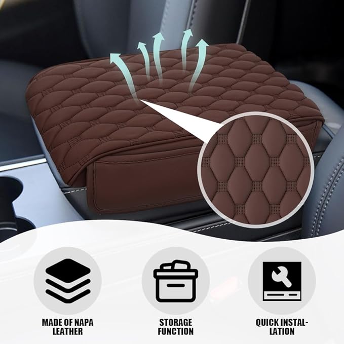 Upgraded Car Center Console Cover, Armrest Cover for Car, Waterproof Leather Auto Armrest Cover Protector with 2 Pocket, Comfortable Arm Rest Box Cushion Pad for Vehicles, Trucks (Coffee)