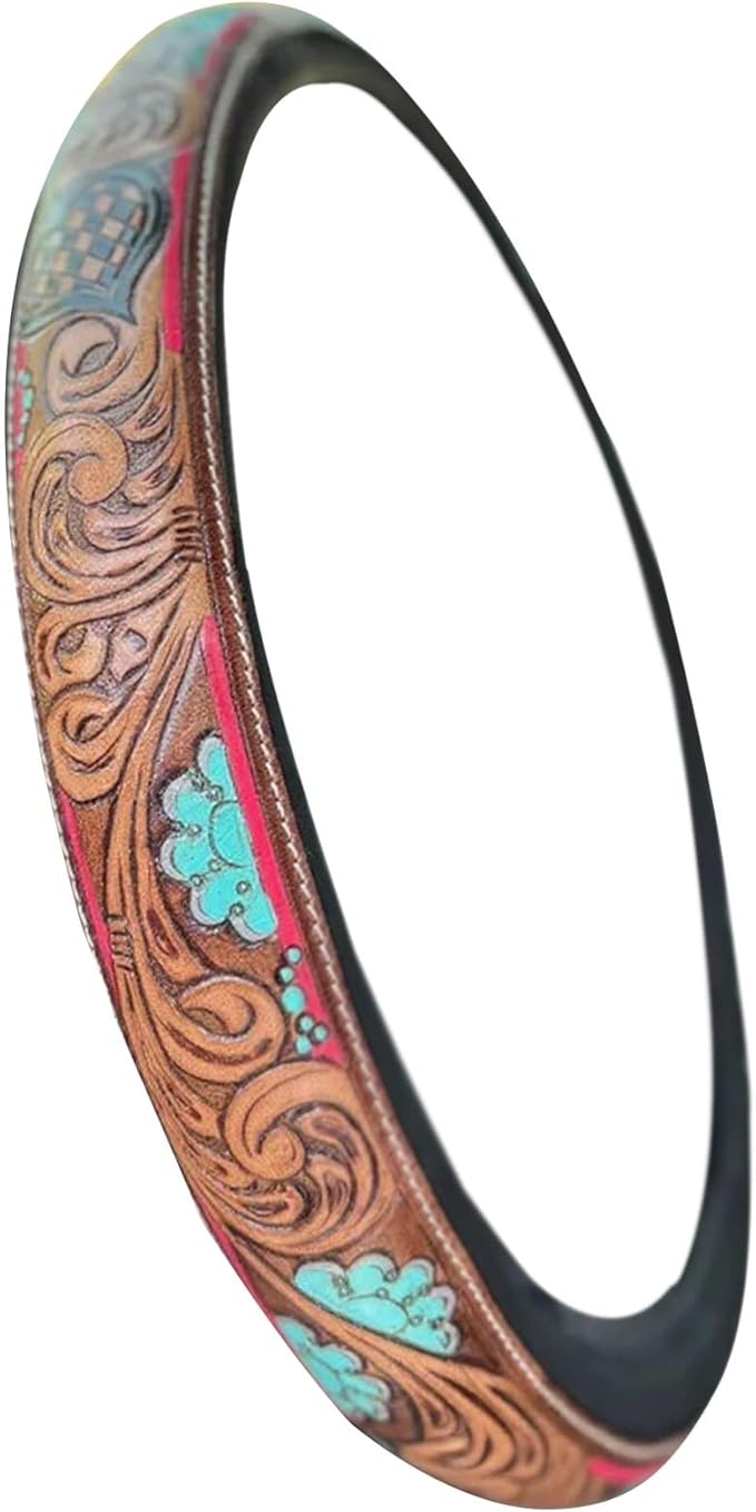 Retro Western Cowboy Car Universal Steering Wheel Cover, Embossed Handcrafted Tooled Leather Western,Anti Slip, Auto Interiors Accessories,Breathable for Trucks SUVs Cars (D)