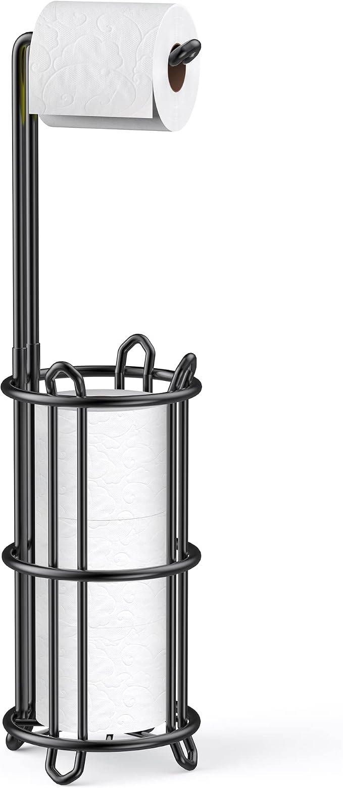 Meangood Toilet Paper Holder Stand and Tissue Paper Roll Dispenser for 4 Mega Rolls, Bathroom Free Standing Tissue Roll Storage Holder Rack, Metal Wire (Black)