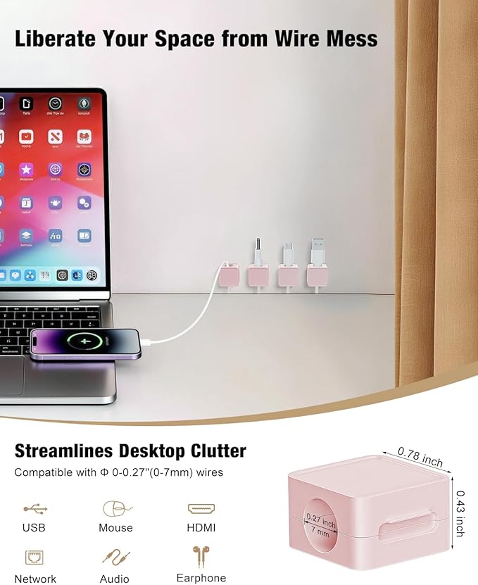 6 Pack Cord Holder, Strong Adhesive Desk Cord Organizer Magnetic Easy Open, Wire Holder Organizer Neatly for Home, Office, Car, Desk, Nightstand, Pink