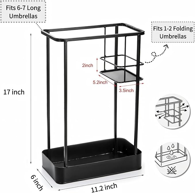 Umbrella Stand, Metal Umbrella Holder for Entryway, 17 × 11.2 × 6 Inches Umbrella Rack Organizer, Umbrella Holder Rack for Umbrella Storage, Office, Black, Rectangle