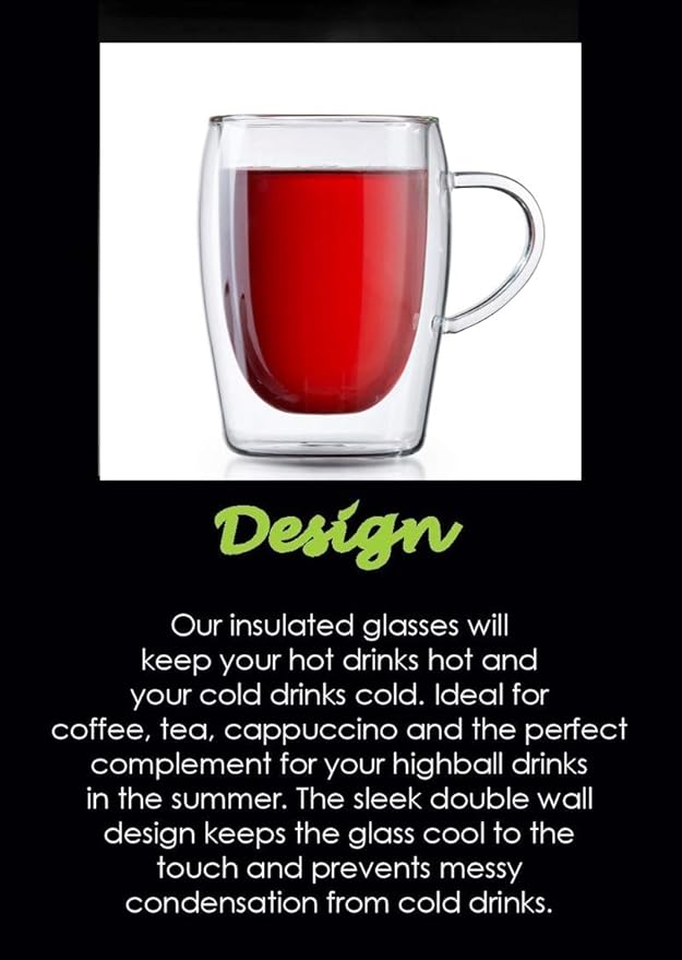 CAFÉ BREW COLLECTION Double Wall Insulated Glasses Espresso Mugs (Set of 2) -10.5oz Coffee Cup Set, Dishwasher Safe