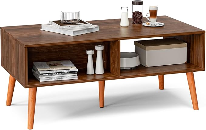ZttRiee Coffee Table with Storage, Boho Dining Table with Rattan Drawer and Solid Wood Legs, Small Coffee Tables for Living Room, Walnut