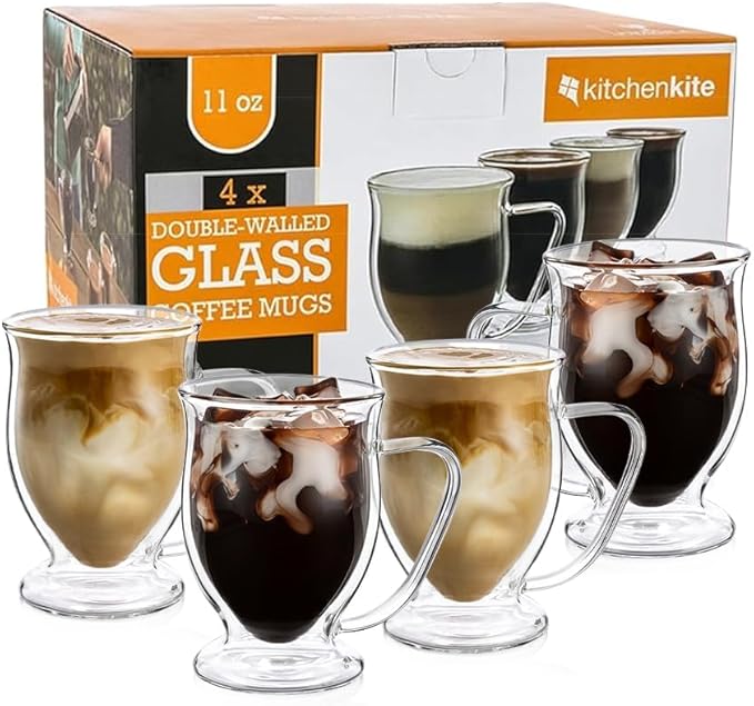 Double Wall Glass Coffee Mugs 11oz Set of 4, Insulated Borosilicate Glass Coffee Cups with Handle - Dishwasher & Microwave Safe Clear Mugs for Cappuccino, Latte, Espresso, Tea