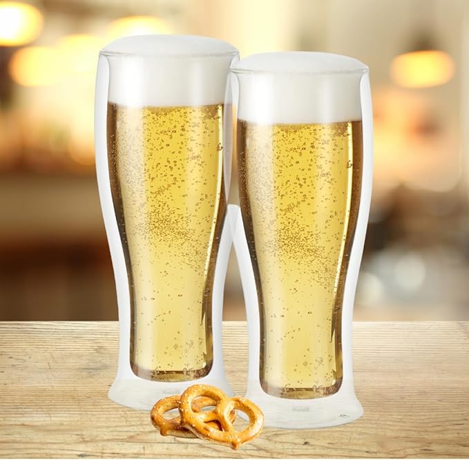 Oggi Beer Double Wall Insulated Glass Mug, Ideal for IPA ale lager stout pilsner, Beer Stays Cool Longer Even Outdoors, Visually Stunning, 14oz / 400ml, Set of 2