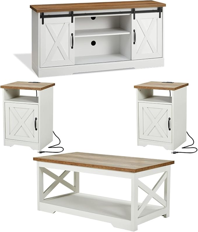 AMERLIFE 4-Piece Farmhouse Table Set Includes Sliding Barn Door TV Stand, Coffee Table& Two End Tables, Side Table with Charging Station and USB Ports for Living Room, Distressed White, 66"