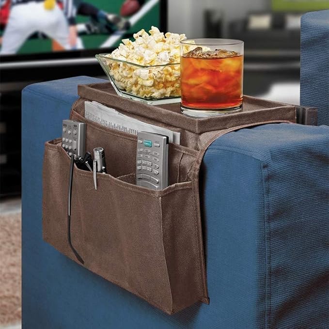 Sofa Armrest Organizer with Cup Holder No-Slip Couch Sofa Armrest Organiser Couch Remote Caddy Control Holder with 1 Large Pockets and 3 Small Pockets for TV Remotes Cellphone Magazines Ipad Drinks