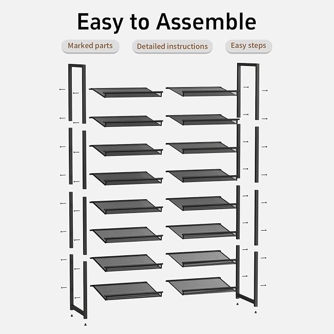 Shoe Rack, 8-Tier Metal Shoe Organizer, Tall Shoe Rack for Closet,entryway,Garage, with Adjustable Flat or Angled Shelves, 32-40 Pairs,Shoes that can accommodate the Whole Family.