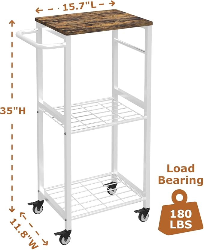 Kitchen Microwave Stand Cart with Storage Rack | 3-Tier Rolling Kitchen Side Table on Wheels with 8 Hooks, Utility Small Coffee Shelf Organizer for Living Room, Bedroom, Bathroom, Office, White