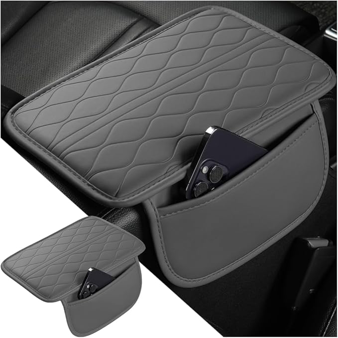 Car Center Console Cover, Leather Vehicle Arm Rest Protection Cushion with 2 Side Storage Bags, Auto Interior Armrest Storage Box Pad Accessories, Universal for SUV, Sedan, Truck (Gray)