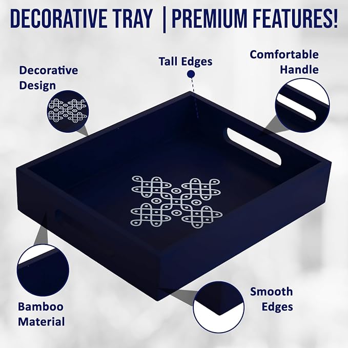 Coffee Table Tray - Decorative Trays for Home Decor - Serving Trays with Handles for Kitchen - Decor Tray - Indian Return Gift, Diwali, Pooja - 10" X 8" X 2" Size, in Blue and Brown (4, Blue)