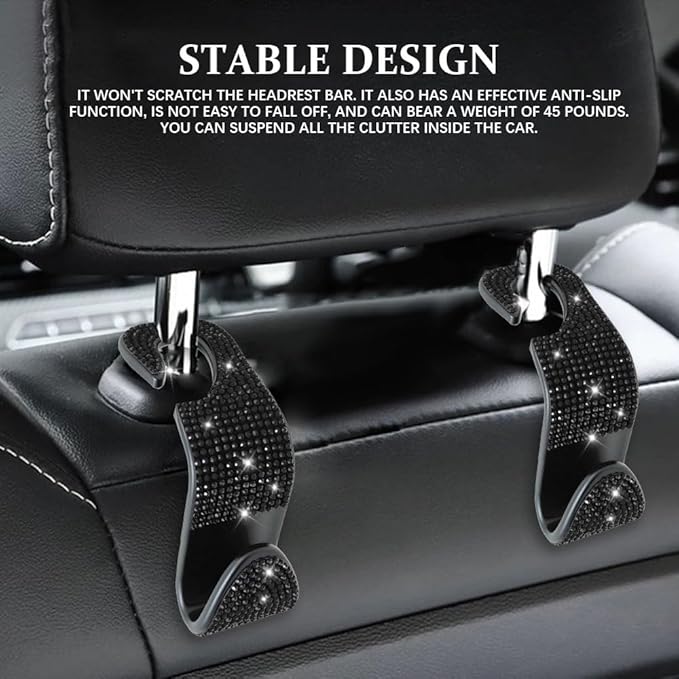 2PCS Car Seat Hooks, Purse Hook for Car, Crystal Rhinestone Vehicle Backseat Purse Holder, Auto Accessories Diamond Auto Seatback Storage Organizer Hanger for Handbag Clothes Purse (Black)