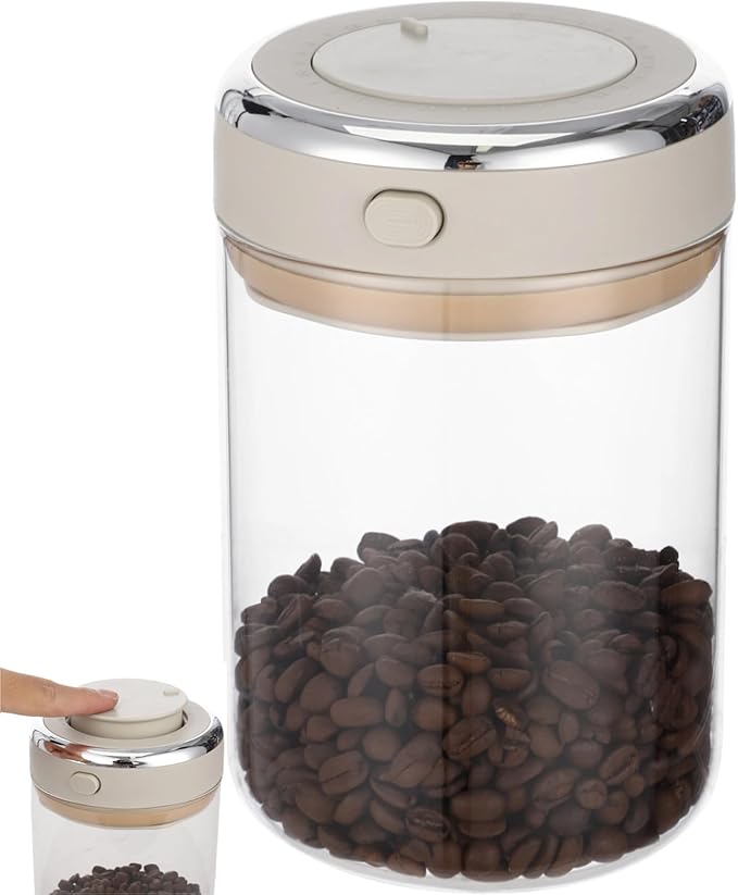 Coffee Bean Storage Container with CO2 One-Way Valve, 1100 ml Clear Glass Coffee Canister with Date Tracker, Vacuum Storage Container for Beans, Grain, Snack, Sugar, Tea, 6.3 x 4.45 in