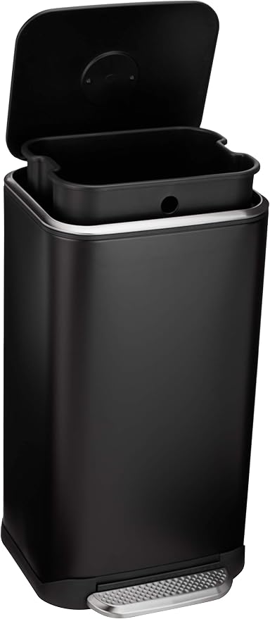Amazon Basics Rectangular Metal Trash Can With Soft-Close Foot Pedal, Fingerprint Resistant, Removable Inner Bucket, 32 liter/8.5 gallon, Black, 14"L x 14"W x 25.3"H
