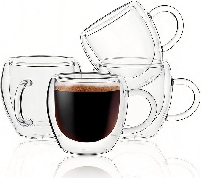 2.5oz Espresso Cups Set of 4, Small Expresso Shot Glass, Clear Expresso Coffee Cup with Handle, Double Wall Insulated Espresso Mugs,Tazas De Cafe Expreso, Suif for Espresso Machine Accessories