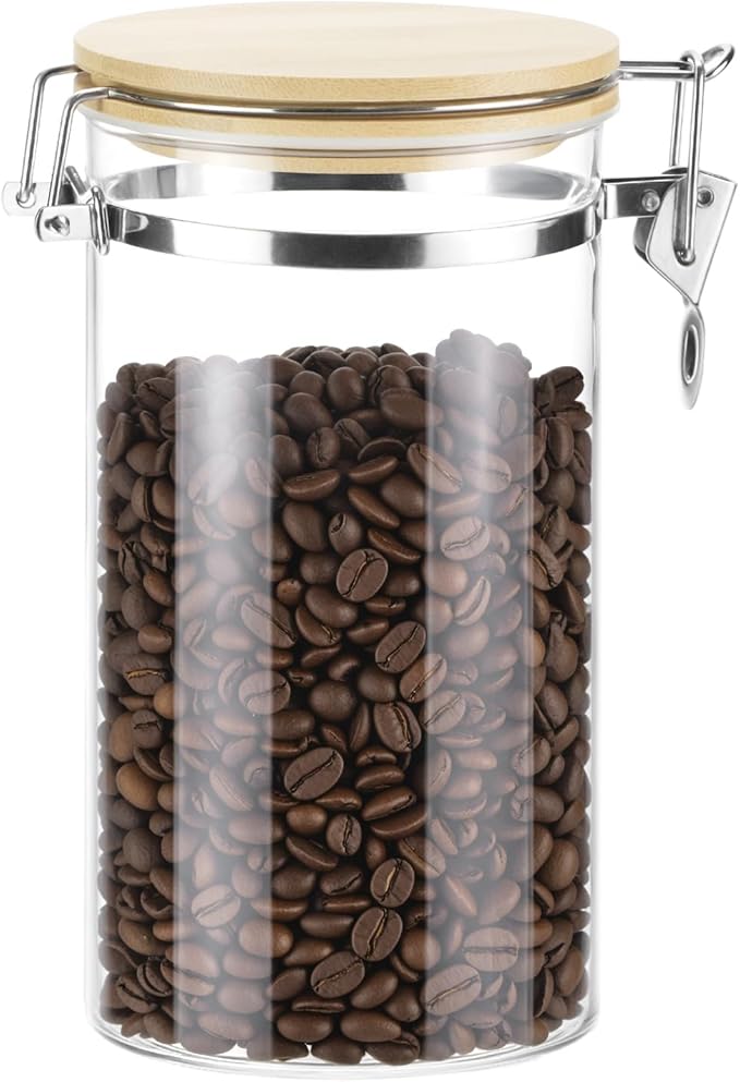 QWORK Clear Borosilicate Glass Storage Jar with Airtight Bamboo Lid & Locking Clamp, 40oz / 1200ml Kitchen Canister for Coffee Beans, Loose Tea, Sugar, Flour, Nuts, Thickened Sealed Container