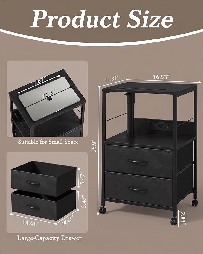 Faesun Swivel Lift Top Nightstand with Charging Station, Rolling Side Table for Recliner, Bedside Table with Wheels & 2 Fabric Drawers, for Small Spaces, for Bedroom, Living Room, Black