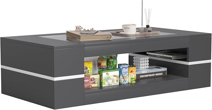 HedoAjim 47.2" Modern Stylish Coffee Table with Glass Table Top, Large Living Room Table Rectangular 2-Tier Center Tables with Storage, Wooden Cocktail Tea Tables for Dining Reception Room, Black