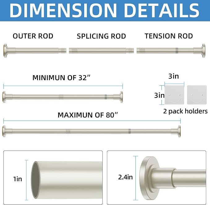 CorkLatta Nickel Shower Curtain Rod,1 Inch Diameter Stainless Steel Adjustable Spring Tension Rods 32 to 80",with Holders,Anti-Slip,Curtain Rods No Drilling(1 Pack)