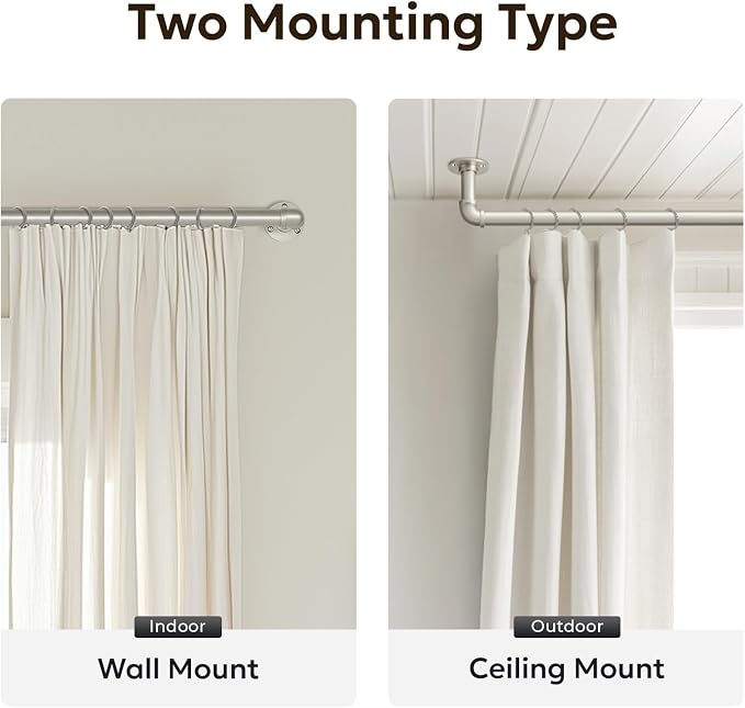 Zeerobee Curtain Rods for Windows 48 to 84, 1 Inch Industrial Wrap Around Brushed Nickel Curtain Rod, Indoor/Outdoor Room Divider Adjustable Drapery Pole, 48"-86"