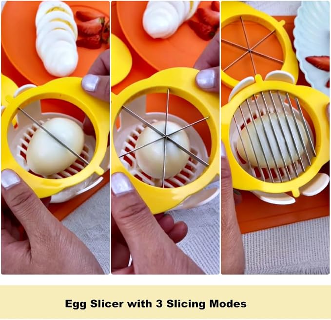 [Upgraded] Jawbush 3 in 1 Egg Slicer with Metal Blades for Hard Boiled Eggs & Soft Fruits, Stainless Steel Hard Boiled Egg Cutter, Heavy Duty Strawberry Mushroom or Ham Slicer, Dishwasher Safe