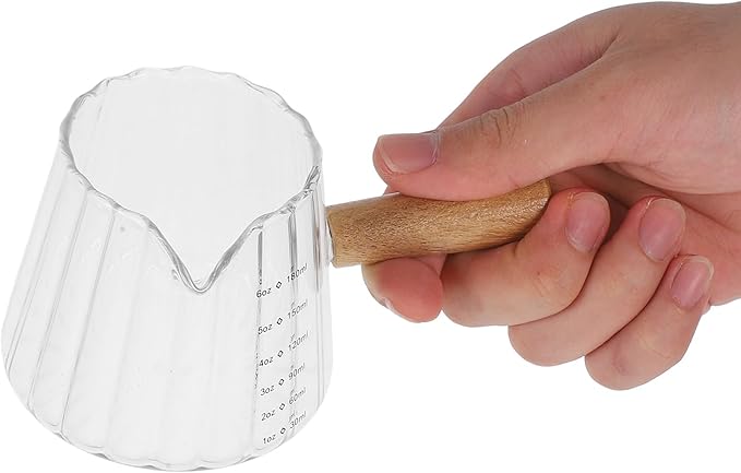 Kichvoe Espresso Shot Glass with Wood Handle - Glass Coffee Milk Creamer - Frothing Pitcher Creamer Jug, 180ML/6 OZ Pourer Baking Measuring Cup for Coffee Milk Tea Syrup