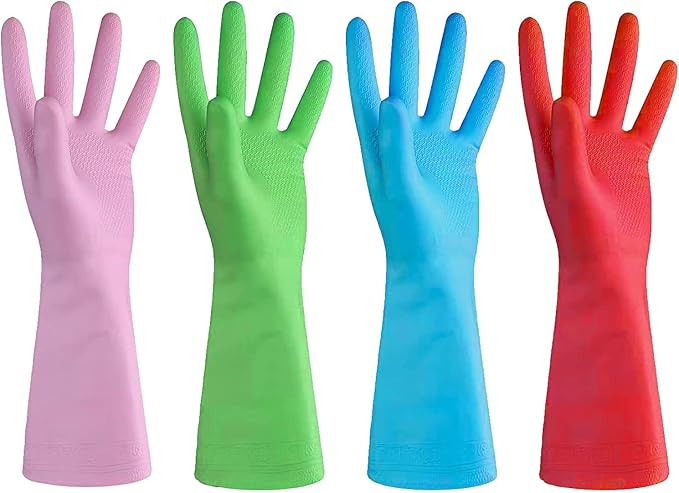 URBANSEASONS Dishwashing Rubber Gloves for Cleaning – 4 Pairs Household Gloves Including Blue, Pink, Green and Red, Non Latex and Fit Your Hands Well, Great Kitchen Tools