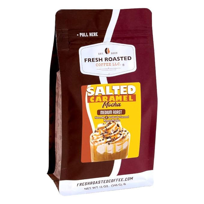 Fresh Roasted Coffee, Salted Caramel Mocha Flavored Coffee, 12 oz, Medium Roast, Kosher, Ground