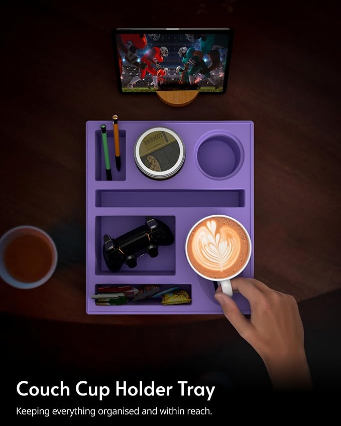 Couch Cup Holder Tray - Couch Organizer Caddy, Silicone Beach Caddy with Cup Holder, Sofa and Bed Drink Holder and Couch Tray Table for Snacks Beverage Remote (Purple)