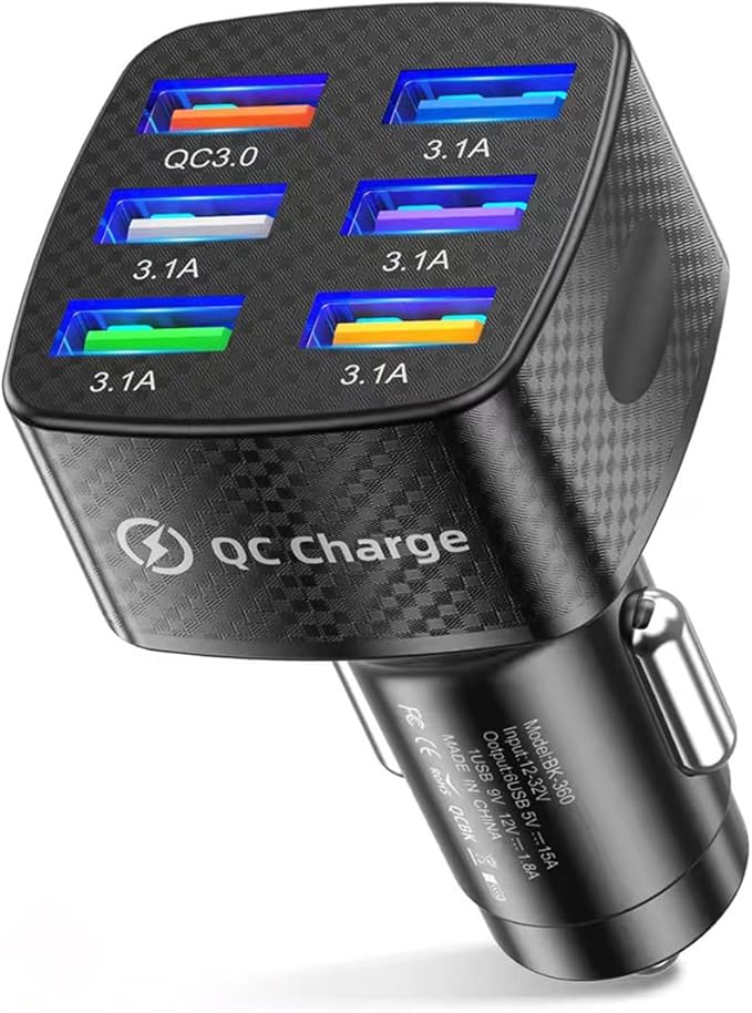 6 in 1 Super Fast Charging USB Car Charger Adapter for iPhone 16 15 14 13 12 11 Samsung & Android, QC3.0 Multi Port Cigarette Lighter USB Charge for Phone