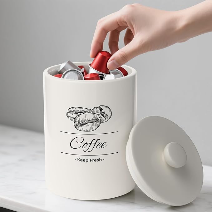 Airtight Coffee Canister - 66 fl oz / 2L Large White Ceramic Coffee Container Airtight - 5.5'' Round × 8.2'' Tall Coffee Bean Storage - Stylish Ceramic Coffee Jar With Lid for Grounds & Beans