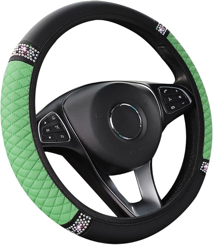 LoyaForba Bling Soft Leather Steering Wheel Cover, 15 Inch Colorful Rhinestones Auto Elastic Steering Wheel Protector, Sparkly Crystal Diamond for Women Girls, Car Accessories for Most Cars (Green)