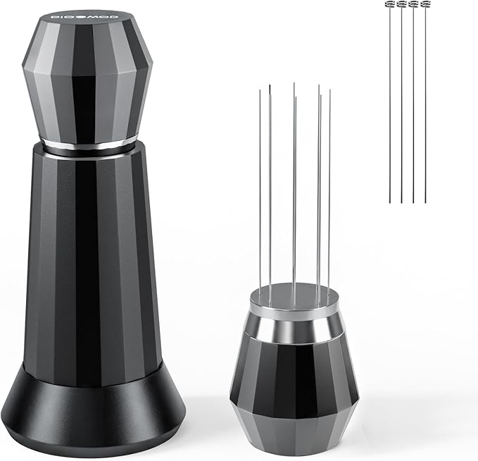 WDT Espresso Distribution Tool Espresso Stirrer Tools for Barista, 0.35mm 8 Needles Espresso Coffee Stirrer with Extra 4 Replaceable Needles, Aluminum Alloy Handle with Stand (Black)