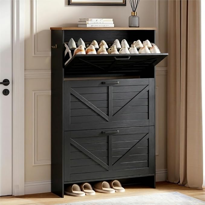 Nicetree Barn Door Shoe Cabinet for Entryway, 3 Flip Drawers Ultra Slim Shoe Storage Cabinet, 3-Tier Adjustable Shelves Shoe Organizer, Narrow Shoe Rack for Small Spaces