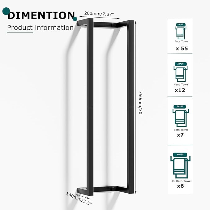 Towel Racks for Bathroom,VIDA-ZONE 304 Stainless Steel Towel Storage Racks for Rolled Bath Towels Can Hold 6-8 Large Towels,Wall Mounted 30 Inch Towel Organizer for Small Space Black Towel Holder