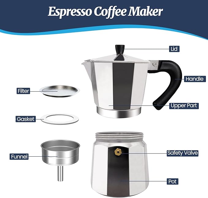 2 Cup Moka Pot Aluminum 100ml Italian Coffee Maker Stovetop Espresso CoffeeMakers Mocha Pot Percolator Greca Coffee Maker for Electric Ceramic Stove Portable for Easy Brewing